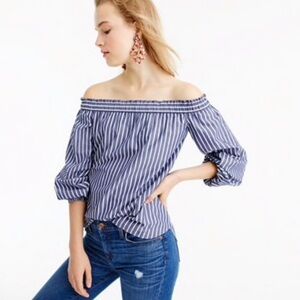 NWT J. Crew Striped Off Shoulder 3/4 Puff Sleeve Top In Blue & White